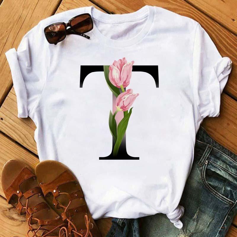 Womens Short Sleeved Tshirt with Floral Letter Print Top with Floral Pattern Casual Natural and Fashionable Daily WhiteTshirt