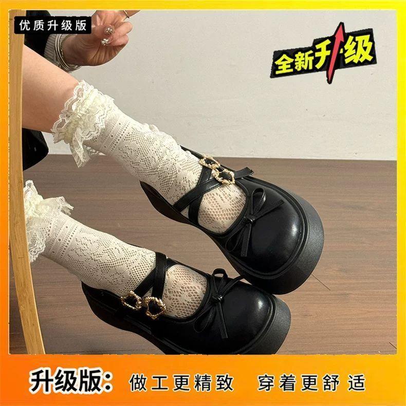 Vintage Round Head Heightening Lolita Small Leather Shoes Women's 2025 Autumn Sweet Bow Versatile Mary Jane Single Shoes