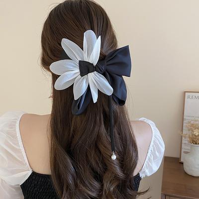 Two-color Bow Petal Pearl Pendant Hairpin Women's Fashion Temperament Spring Clip Versatile Headgear Hair Accessories High Sense