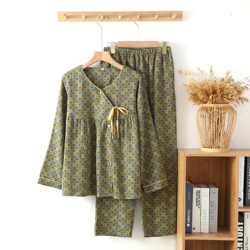 Retro Long Sleeved Long Pants Sleepwear Women Spring Round Neck Slanted Wearing Outerwear Set