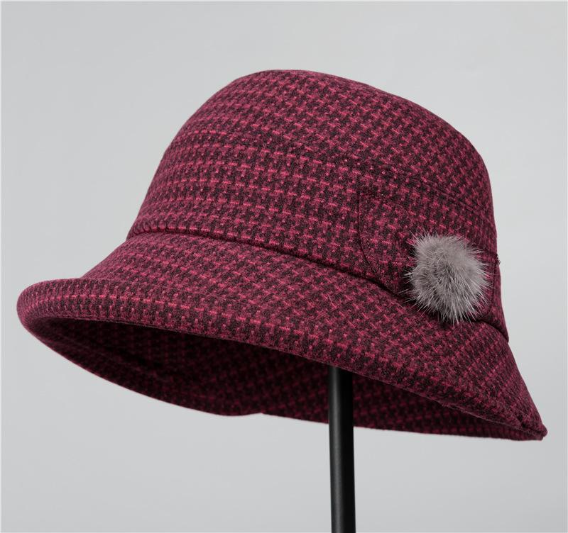 Middle-aged and elderly women autumn and winter fisherman hat versatile elderly mother hat woolen warm grandma plaid basin hat