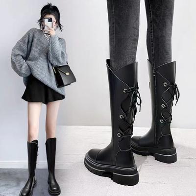 Damskie Buty 2024 Nowe Zimowe Czarne Damskie Botki do połowy łydki Modne Okrągły Nosek Wysokie Buty Proste Wszechstronne Buty na Platformie z Krzyżującymi się Paskami