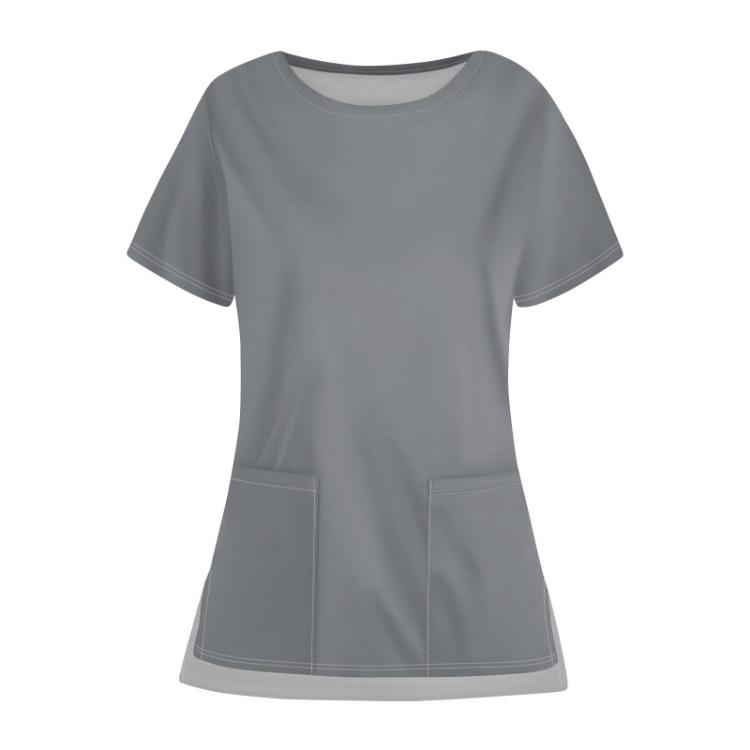 Casual Protective Top Work Uniform Open Hem Pocket Neck Round Solid Color for Women
