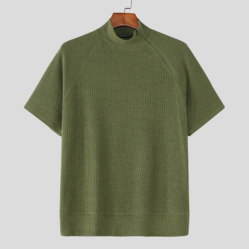 

INCERUN Men High Neck Short Sleeve Casual Rib Fitted Tops T-shirts XL