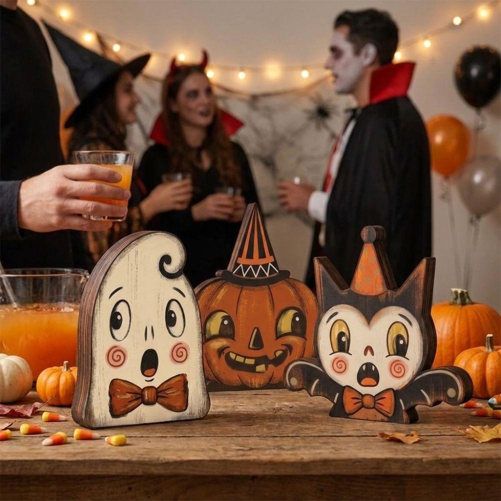 Farmhouse Style Halloween Wooden Tabletop Sign Vintage Bat Black Cat Figurines Holiday Party