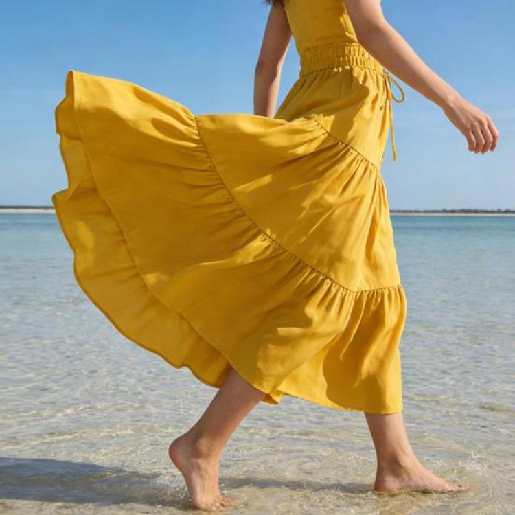 Sommer Boho Strandrock Damen Hoher Bund Mehrlagig A-Linie Maxi Langrock Lässig Fließend Schwingend Falten