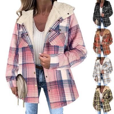 Damenmode und Winter karierte Kurzarmjacke mit Knopf und Kapuze, warmer Mantel