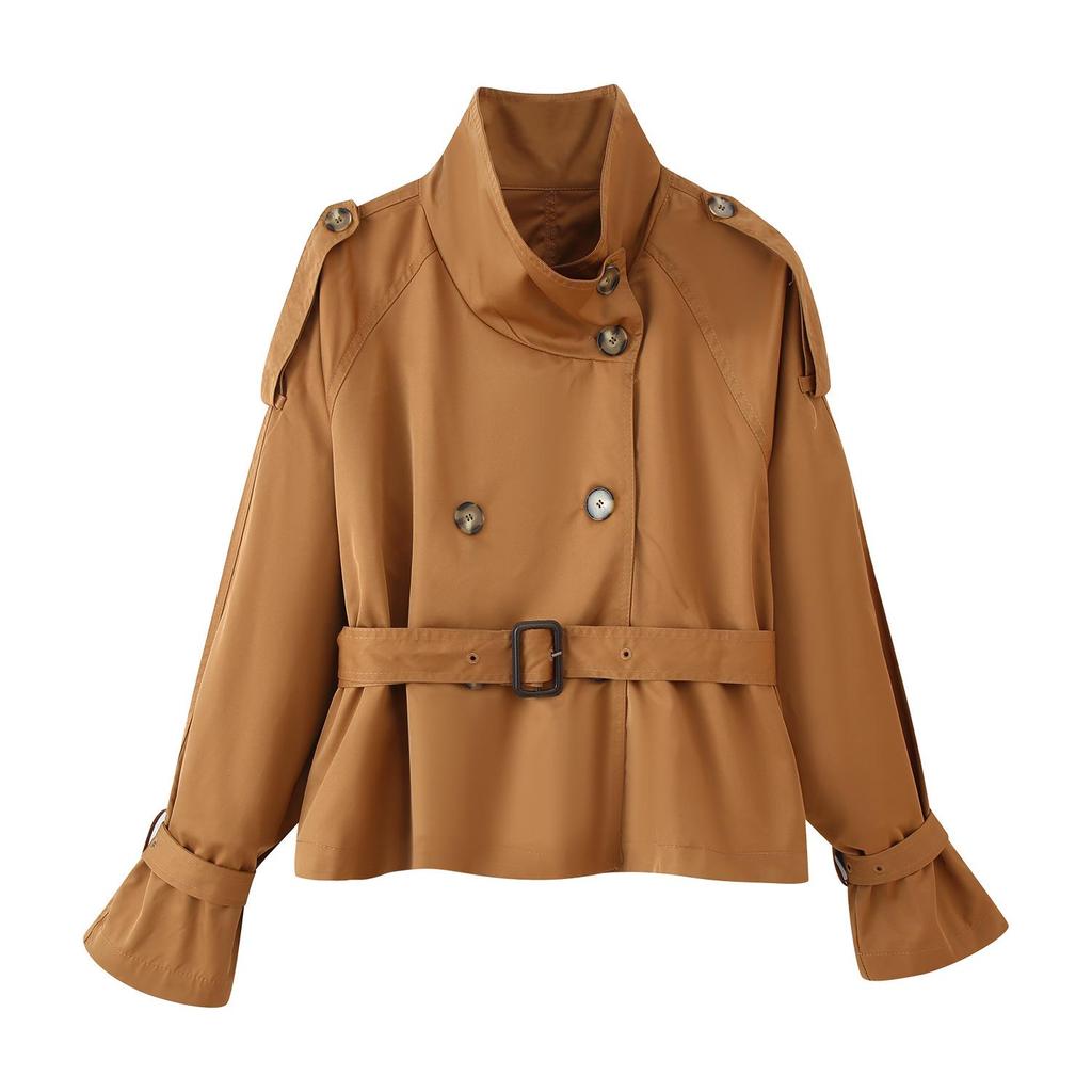 European & American Style Women's Fashion Double-breasted Stand Collar Twill Waist-cinching Short Jacket 2025