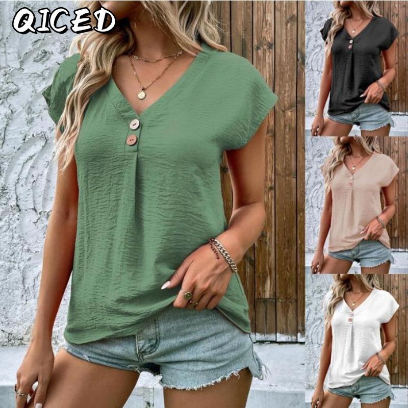 QICED Women's Fashion Casual Solid Color Print Short Sleeve V Neck Blouses & Shirts