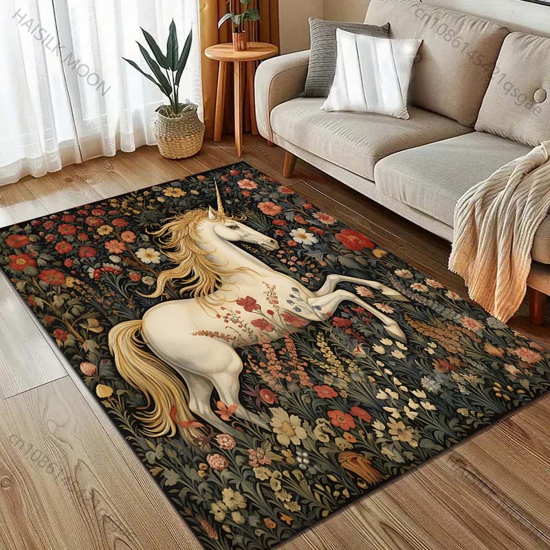 1PC Classic Print Unicorns and Flowers Carpet for Living Room Bedroom Bedside Sofa Table Floor Mat Home Area Rug Decoration