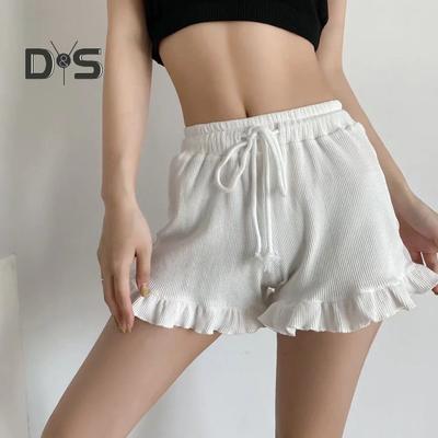 Women's Waffle Knit Shorts Drawstring Elastic Waist Ruffle Shorts Wide Leg Flowy Shorts Lounge Summer Casual Outfit