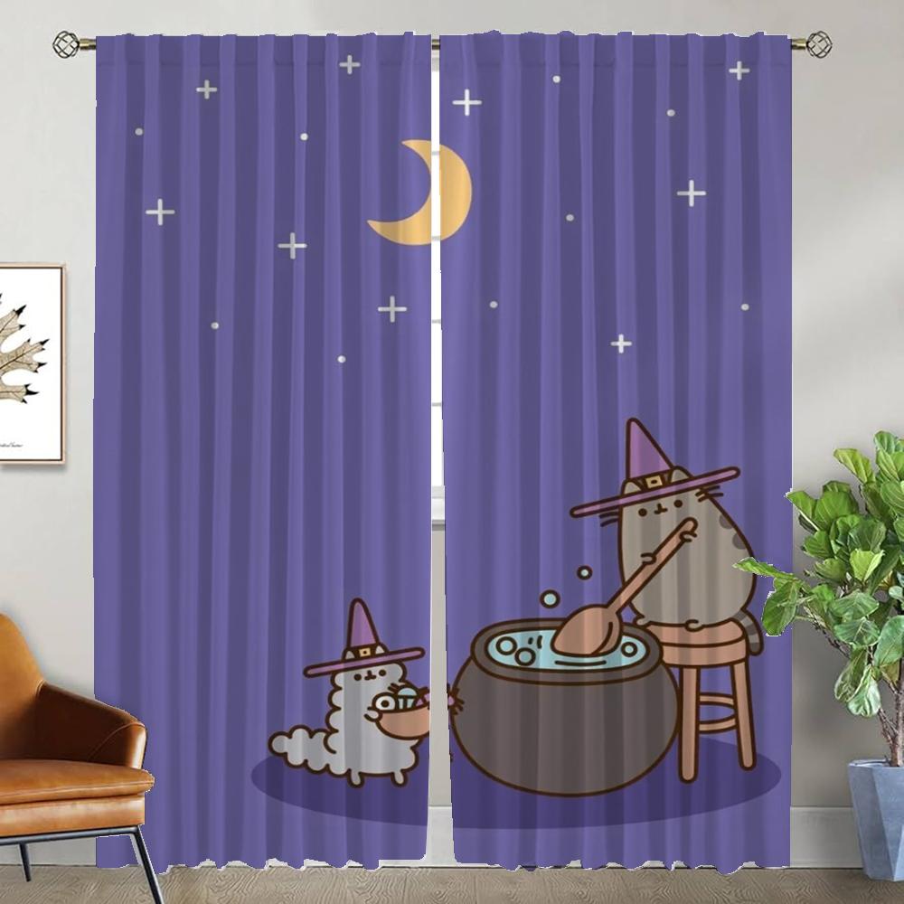 Pusheens Curtains for Living Room Curtain Tulle for Bedroom Shades Partition Halloween Decoration Curtains 2 Pieces Kitchen Home