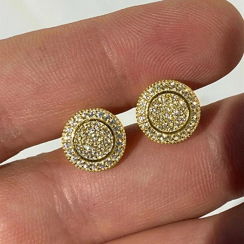 Gold Color Round-Shaped Stud Earrings For Women Full Paved Brilliant Cubic Zirconia Fashion Versatile Jewelry Bulk