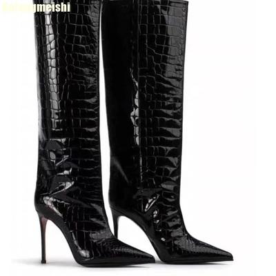 2025 Herbst Winter Neue Glänzende Leder Kniehohe Stiefel Krokodilmuster Spitz Zehen Dünne Hohe Absätze Wildleder Großer Schaft Hohe Stiefel