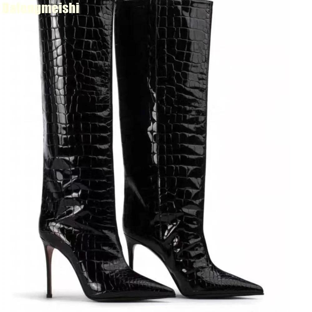 Fashion 2025 Autumn Winter New Shiny Leather Knee-High Boots Crocodile Pattern Pointed Thin High Heels Suede Large Tube High Boots