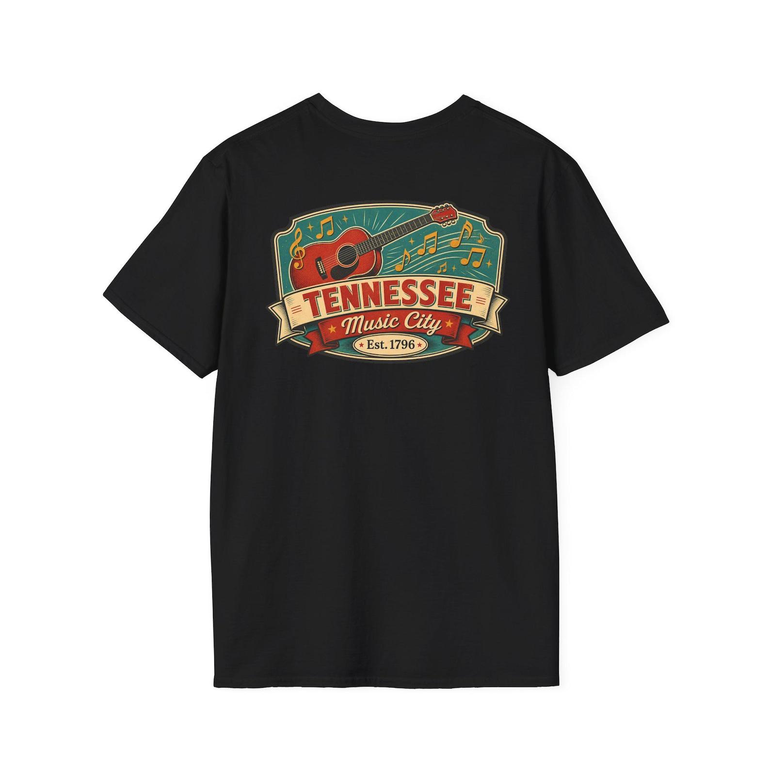 Tennessee Music T-Shirt | Vintage Mid-Century Travel Luggage Tag Tee | Volunteer State Guitar Souvenir | TN Gift 4XL