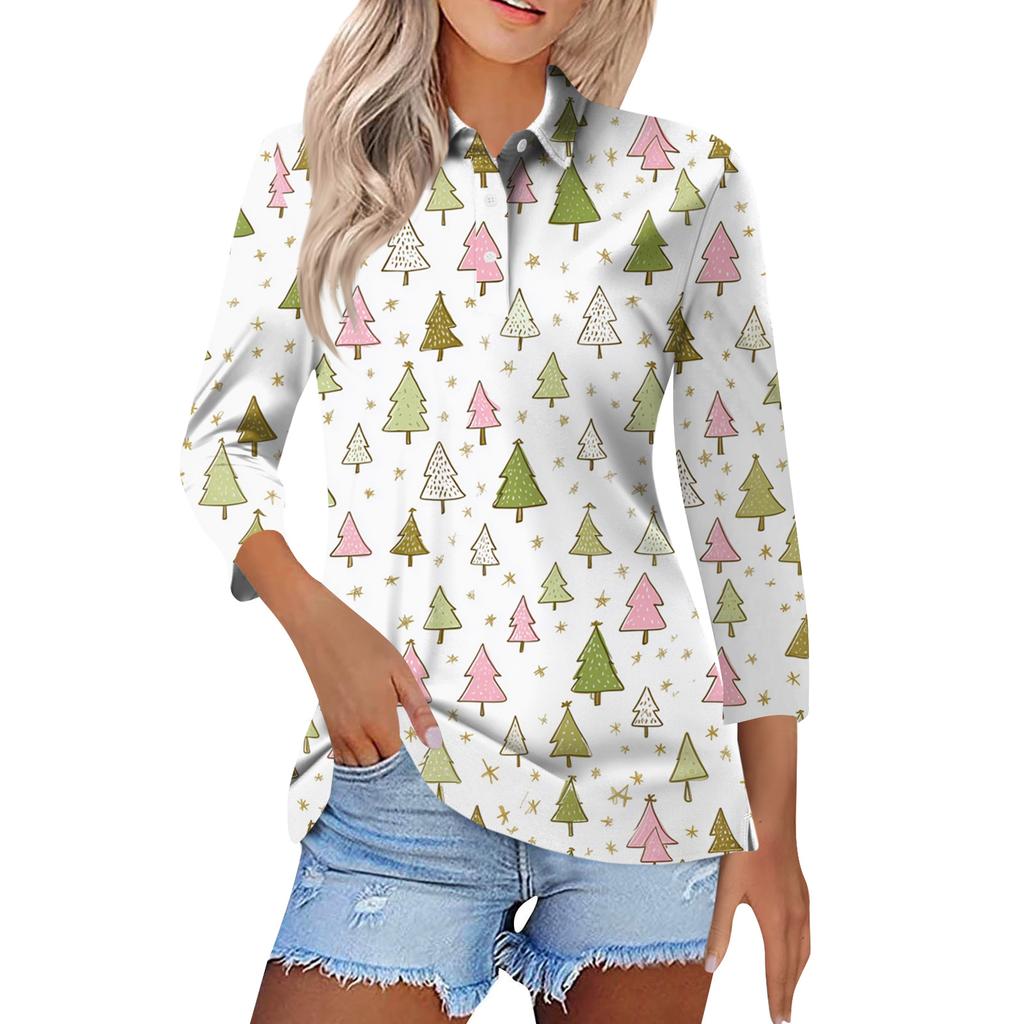 Women's Fashion Casual Button 3/4 Sleeve Vintage  Print Lapel Top