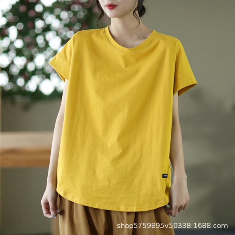 

Spring and summer new retro top women s round neck short sleeve solid color matching casual hollow literary T-shirt women M жовтий