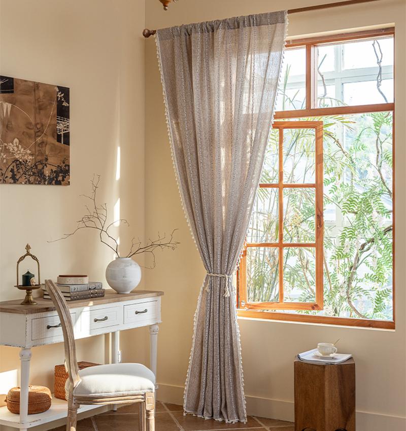 Bohemian Style Khaki Geometric Tassel Curtains Semi Blackout Curtains for Living Room Bedroom Kitchen Home Decoration Curtains