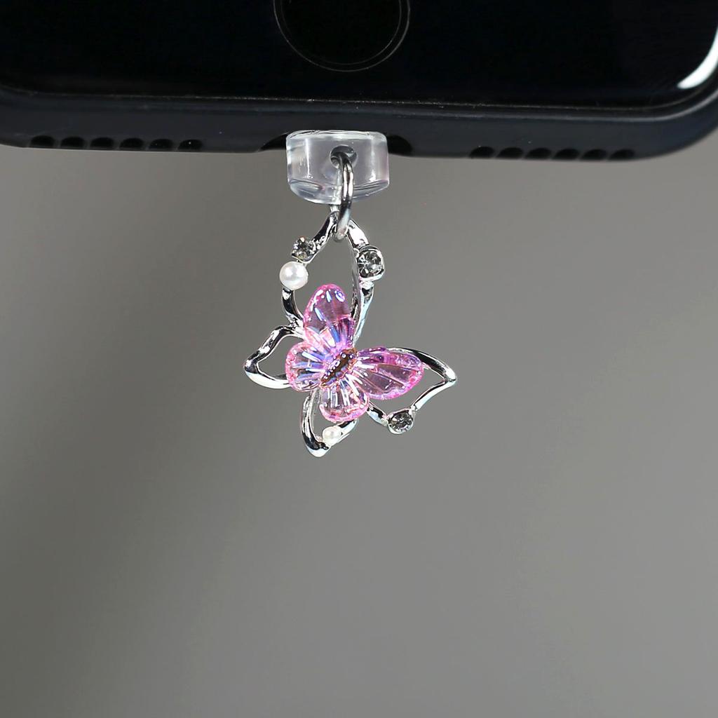 Mobile Phone Dust Plug Pendant New Butterfly With Artificial Pearls And Diamonds Accessory Decoration For IPhone Type-c Port