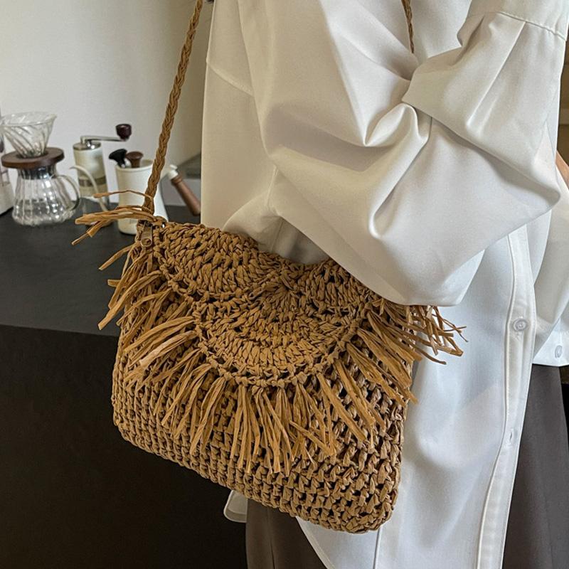 Handwoven Cotton Straw Shoulder Bag Crochet Tassel Beach Bohemian Purse for Women