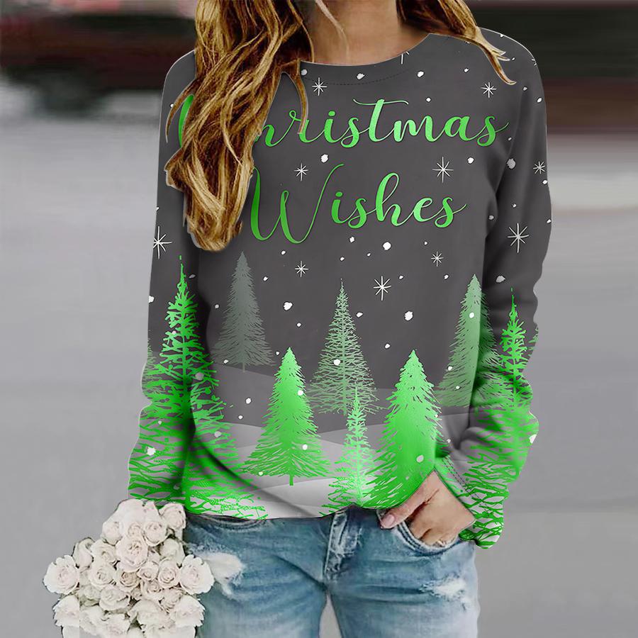 Tops For Women Christmas Tree Snowflakes Print Round Neck Long Sleeve T-shirt Fall Casual Slim Pullover Women's Long Sleeve Top