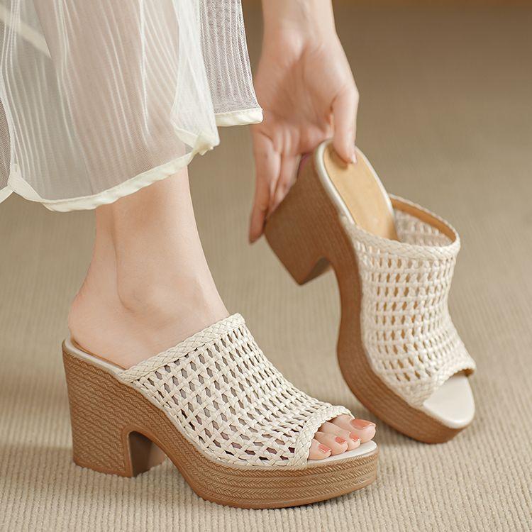Sandalo con Tacco Alto da Donna Retrò Rete Traforata Trecce Zeppa Ciabatta Estiva Semplice Versatile Quotidiano Casual Piattaforma 2026
