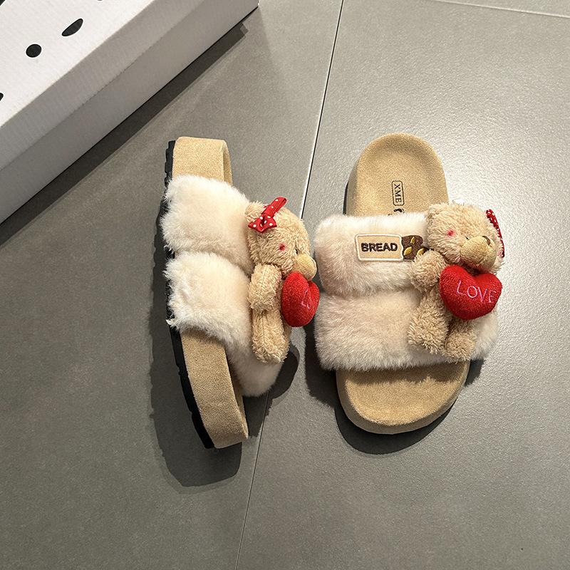 Cute Plush Cotton Drag Girls Keep Warm and Comfortable Autumn and Winter Fashion Casual Non-slip Slippers Thick-soled Cartoon Fluffy Shoes