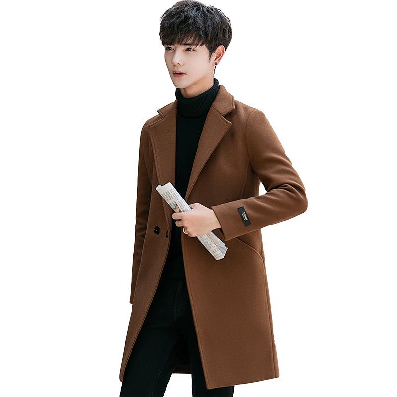 Men's 2022 Korean-Style Woolen Windbreaker Coat with Plus Velvet Long Jacket.