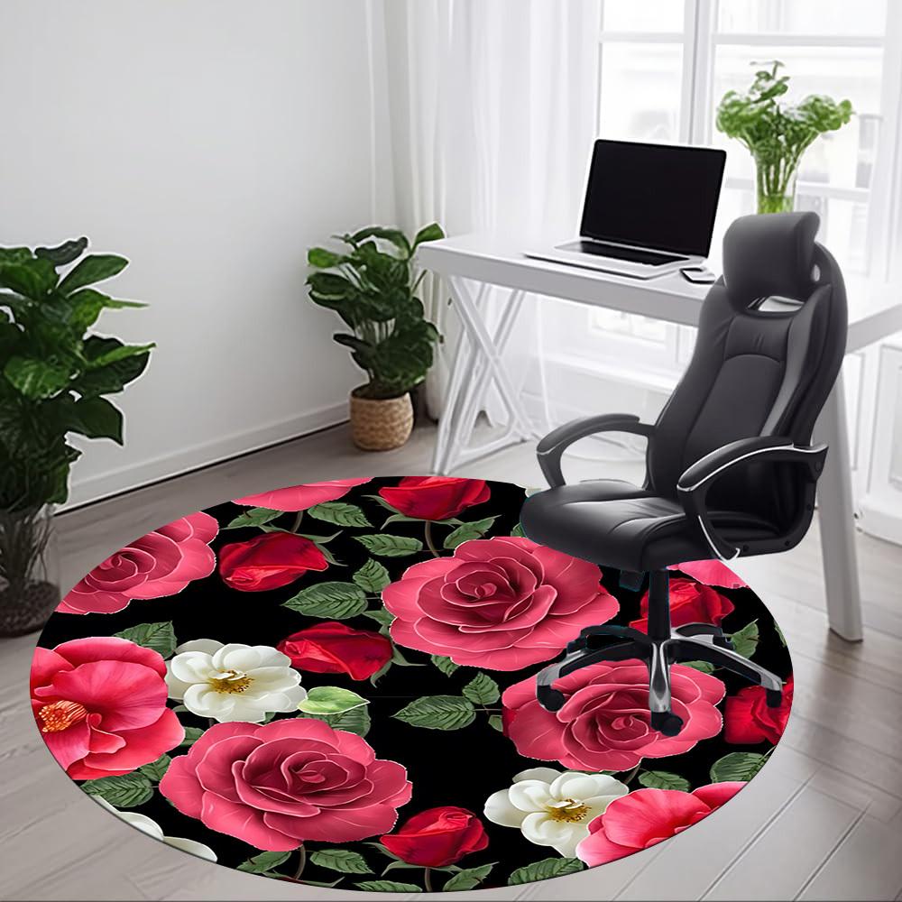 1pc Rose Floral Pattern Chair Carpet for Office, Round Non Slip Durable Large Size Office Carpet, Suitable for Office