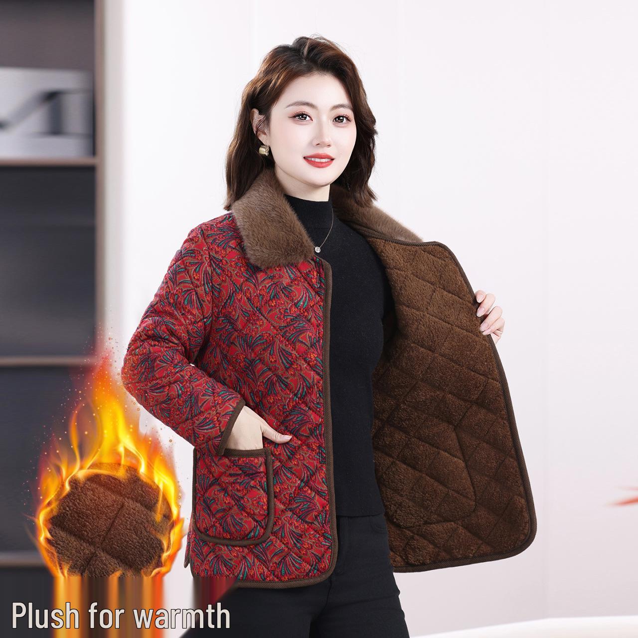 

Толстая флисовая куртка из хлопка с цветочным принтом: Уютная зимняя одежда больших размеров для мам среднего и пожилого возраста 5XL (145-155 jin) красный