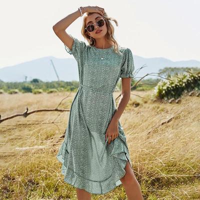 Robe Midi d'Été 2022 pour Femmes à Volants Floraux avec Taille Haute, Col Rond et Manches Courtes