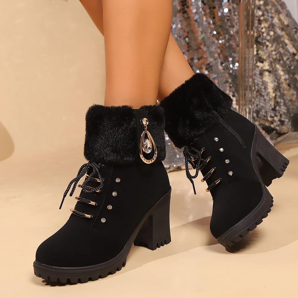 Rhinestone Wool Top High Heel Fashion Boots Autumn and Winter New Style Zipper Large Size Women's Boots Thick Heel Knight Boots