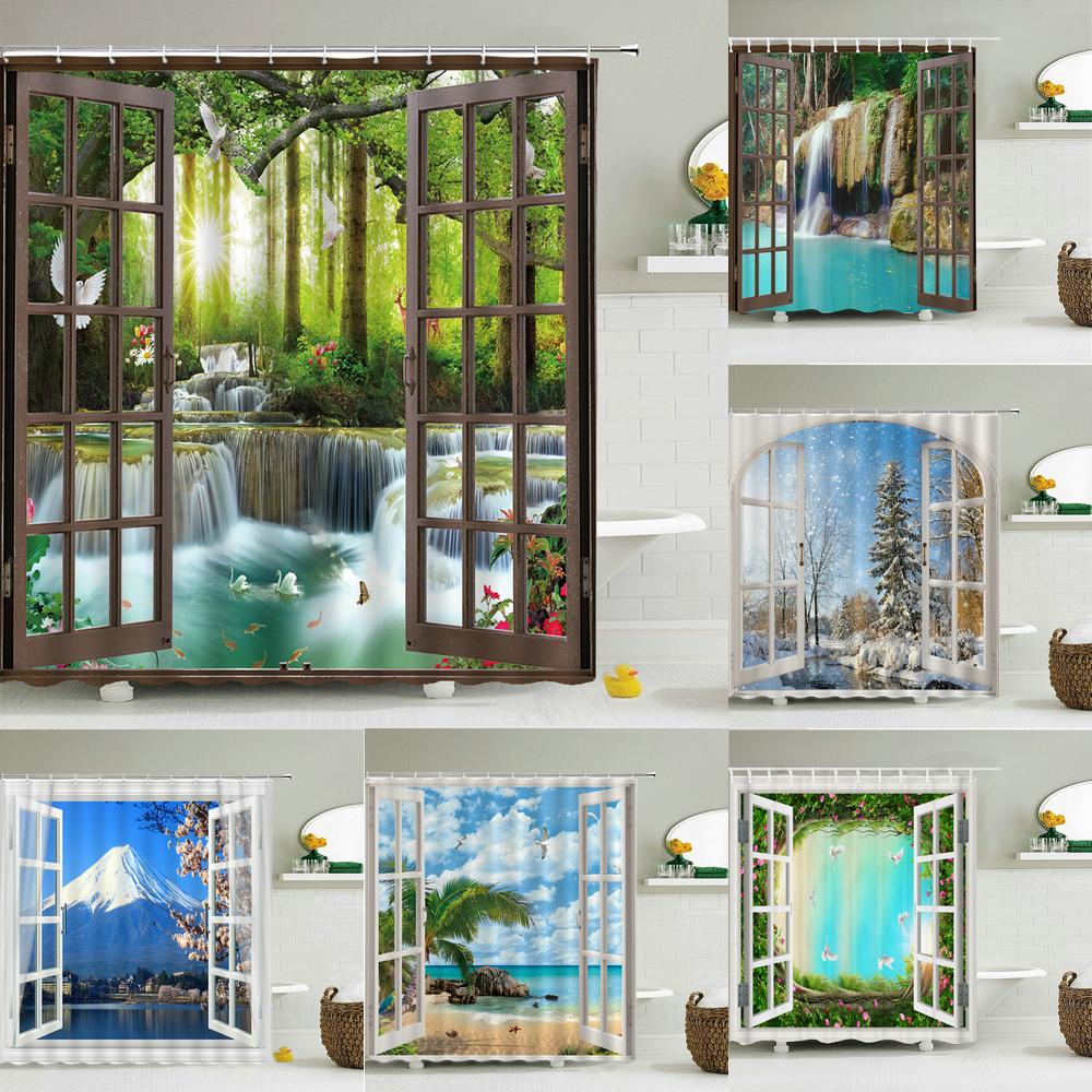 Bath Curtain 3d Printing Window Scenery Forest Shower Curtains Waterproof Bathroom Curtain Washable Fabric With Hooks