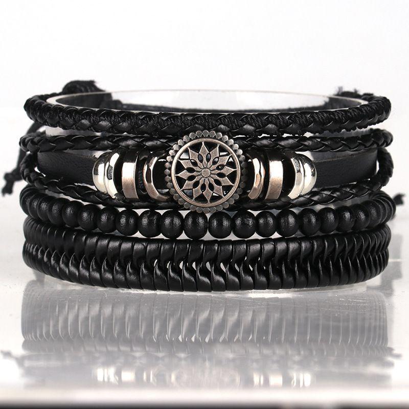 4Pcs/ Set Braided Wrap Leather Bracelets for Men Vintage Life Tree Rudder Charm Wood Beads Ethnic Tribal Wristbands