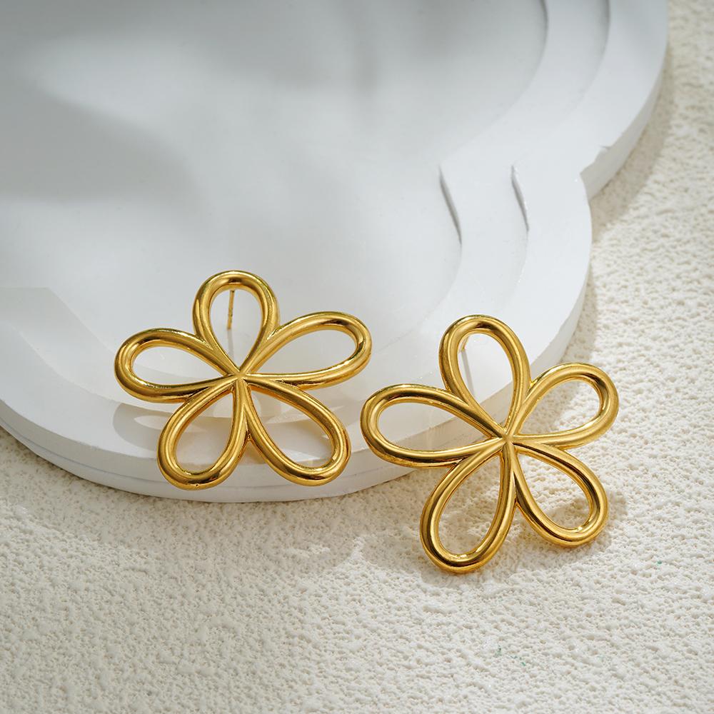 Fashion Hollow Metal Big Flower Stainless Steel Stud Earrings for Women Statement Gold Plated Earring Trendy Jewelry Party Gift