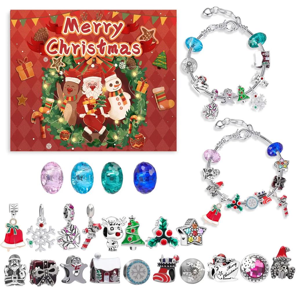 Christmas Advent Calendar Bracelets 2025 24 Days Xmas Countdown Calendar DIY Jewelry Making Kit Gift 22 Sets Of Charm Beads