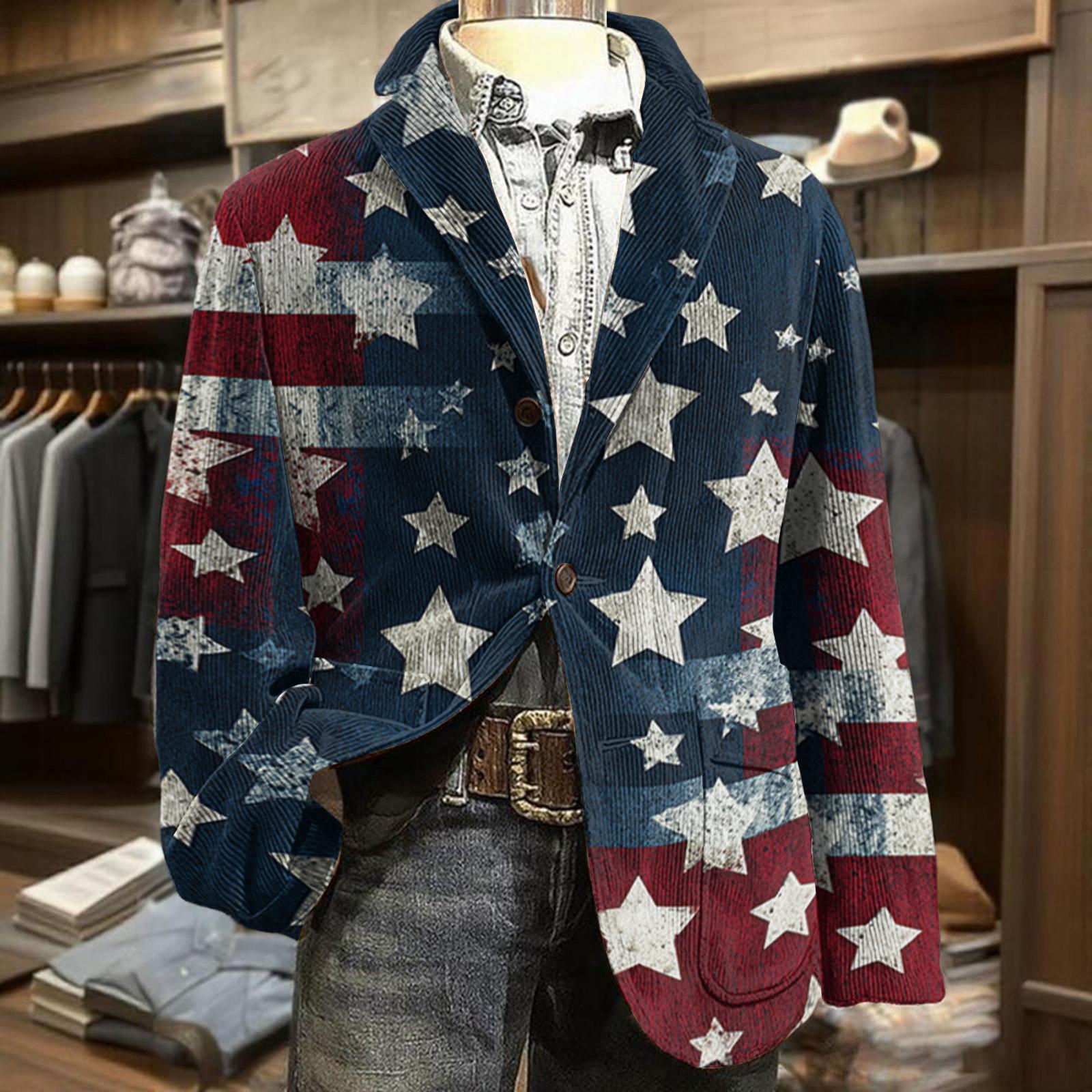 

Men Corduroy Blazer Business Casual Suit Jacket with Independence Day Themed Print for Formal or Daily Wear L красный