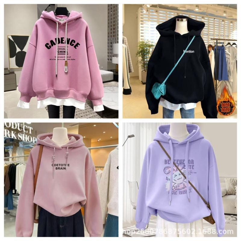 Hong Kong-style hooded sweater women's long-sleeved jacket versatile pullover outer wear women's top autumn and winter fleece thicker