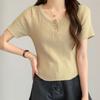 New Arrivals Open Run Women Round Neck ShorT Sleeve KniT BuTTon Ribbed T shirT