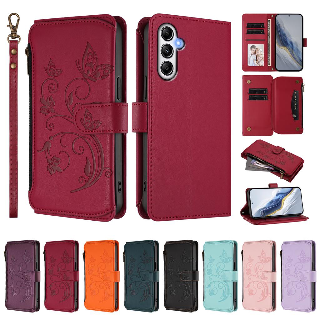 For Samsung Galaxy A56 5G/Galaxy A36 5G Leather Case Butterfly Floral Imprint Zipper Wallet Stand Cover with Wrist Strap