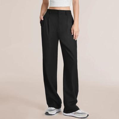 Women Suit Pants Button Zipper Fly Solid Color Suit Trousers with Pockets Straight Wide Leg Office Lady Pants Workwear