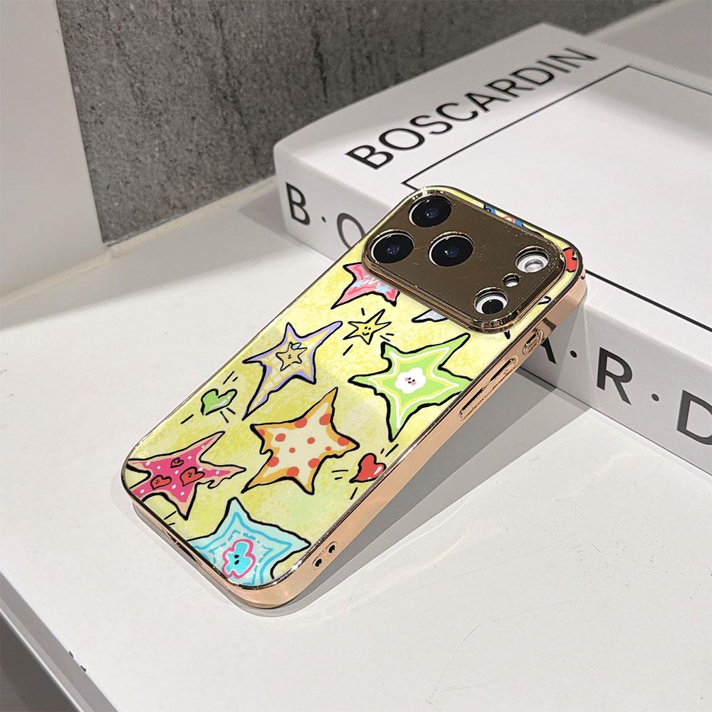 Lucky Start Phone Case For iPhone 17 16 15 14 13 12 11 Pro Max 16E Gold Electroplated Glass Shell Cute Doodle Stars Cover