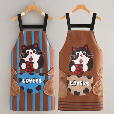 Cute Cartoon Waterproof Apron Kitchen Cooking Non-Sleeve Adjustable Strap With Hand Wipe Pocket