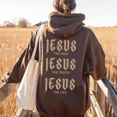 JESUS THE WAY Neue Herbst- und Wintermode mit Buchstaben-Print, Kapuzenkragen hinten und lockerem Samt-Sweatshirt