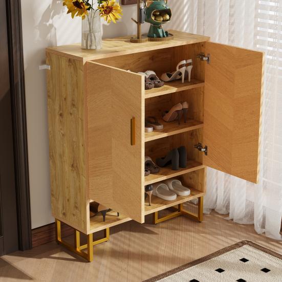 Modern, Minimalist Shoe Cabinet, Unique Wood Grain, Golden Iron Frame, Two-Door Storage Cabinet, Narrow Shoe Cabinet, Shoe Rack, Shoe Tipper,