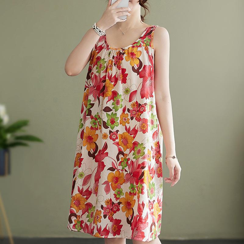 

Настоящее лето новый хлопок и лен большой размер литературный свободный без рукавов круглый вырез принт сарафан А-силуэта женский M оранжевый