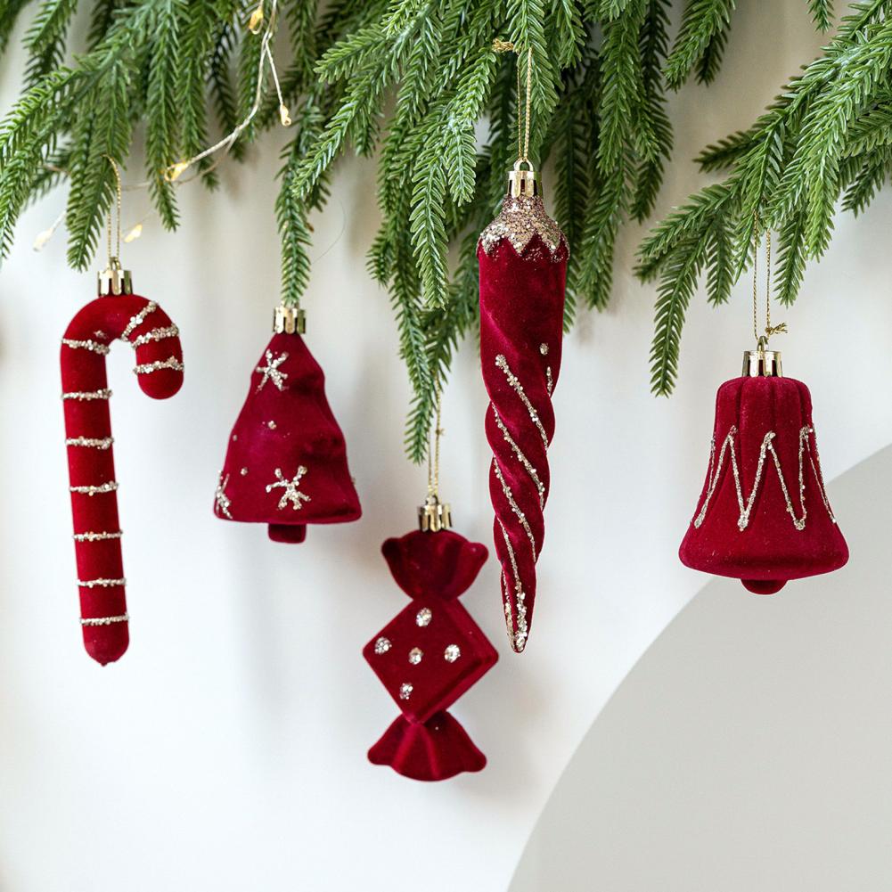 2 Pcs Velvet Christmas Ornaments Shatterproof Glitter Sequins Flocked Bell/Candy Cane/Ice Isicle Hanging Decoration for Home