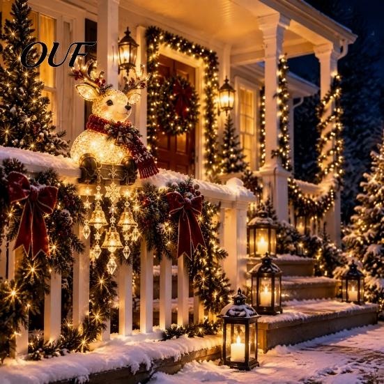 Warm Winter Night Decorations Lighted Christmas Railing Figurine, Cute Santa/Elk/Penguin/Gingerbread Cascading Holiday Lights Water Flowing