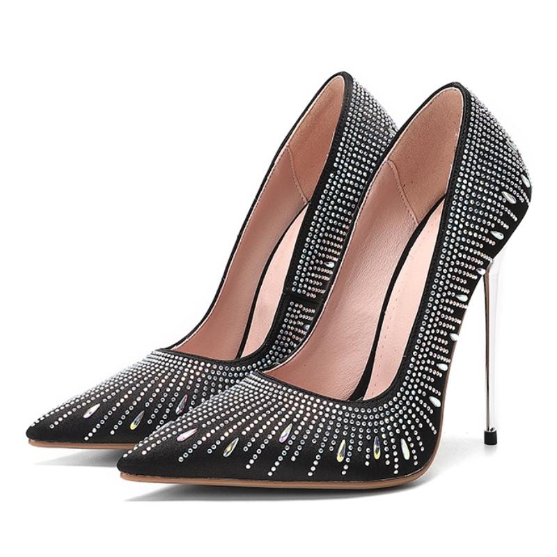 Luxury Thin High Heels Pumps Shoes Woman Large Size Point Toe Red Black Crystal Heeled Party Bridal Wedding Dress Shoes Ladies